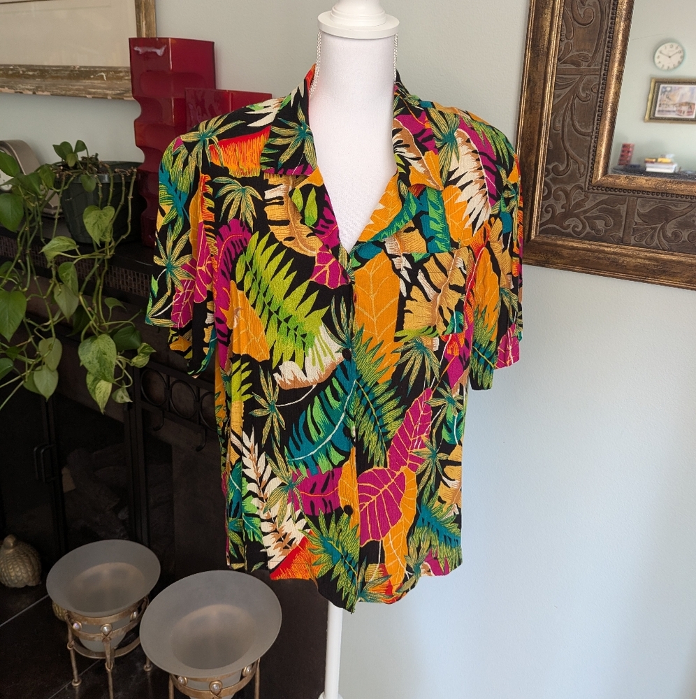 Vtg 80s/90s Womens Medium Button Shirt Colorful Tropical Floral Short Sleeve 188
